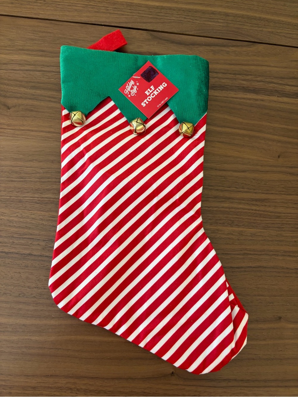 Holiday Style 17” Elf Christmas Stocking Striped with Jingle Bells